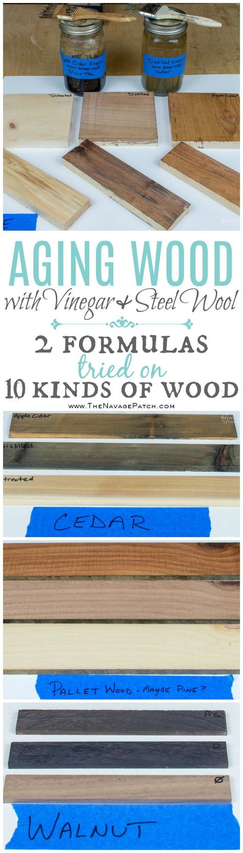 Aging Wood with Vinegar and Steel Wool | DIY wood aging techniques for several wood types | DIY wood aging solution recipe | How to faux age a wood in minutes | DIY black wash recipe | DIY woodworking methods | #TheNavagePatch #DIY #AgingWood #FauxAging #FauxStain #DIYstain #Stain | TheNavagePatch.com Diy Wood Stain, Galaxy Slime, Crafts For Teens To Make, Learn Woodworking, Diy Holz, Aging Wood, Steel Wool, Teds Woodworking, Woodworking Tips