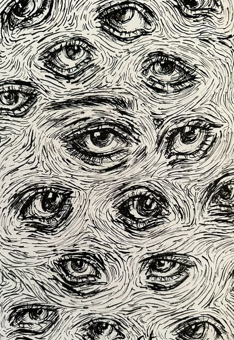 Eye Background Art, Wall Of Eyes Drawing, Eyes Surrounding Person Drawing, Ink Eye Drawing, Staring Eyes Drawing, Low Eyes Drawing, Multiple Eyes Drawing, Eye Drawing Creepy, Distortion Art Drawing Easy