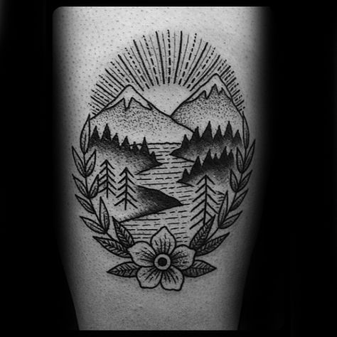 40 Traditional Mountain Tattoo Designs For Men - Old School Ink Ideas Austrian Tattoo, Berg Tattoo, Tattoo Mountain, Mountain Tattoo Design, Tattoos Mandala, Clever Tattoos, Landscape Tattoo, Tattoos Skull, Tattoo Girls