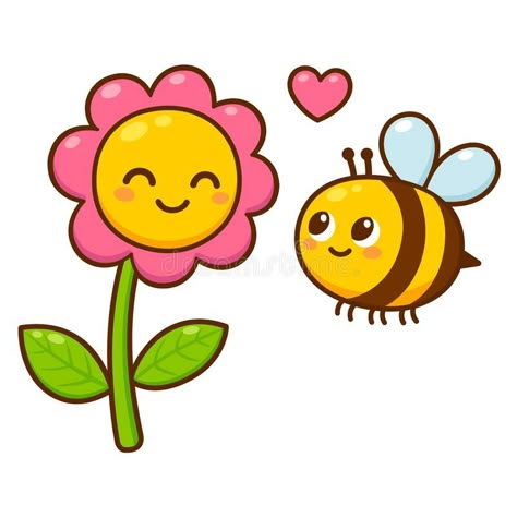 Bees Drawing Cute, Cartoon Flower Doodles, Cute Honey Drawing, Bee Cartoon Cute, Bee Flower Drawing, Cute Flower Drawing Kawaii, Kawaii Flowers Drawing, Bee Drawing Simple Cute, Cartoon Bees Cute