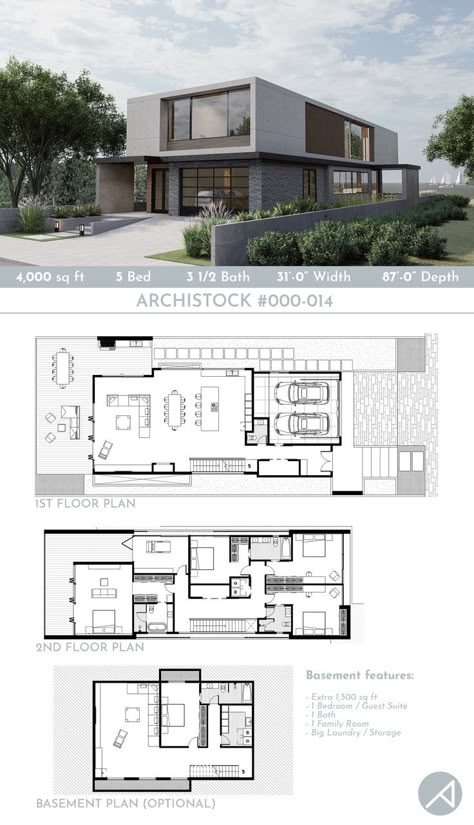 Minimalist House Plans 2 Floor, Minimalist House Floor Plan, Basement Plans Layout, Modern Lake House Plans, Modern Home Floor Plans, Open Concept House Plans, Open Concept Living Dining, Vacation House Plans, Modern House Floor Plans