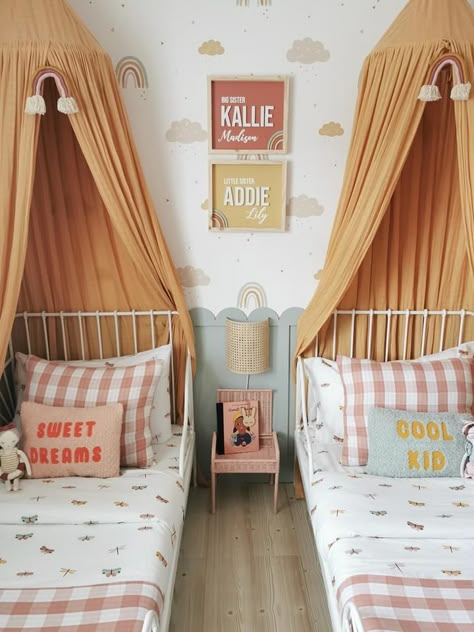 Twin Girl Bedrooms Toddler, 3 Toddlers Sharing Room, Toddler Girls Shared Room, Minnen Bed Girl, Shared Toddler Girls Room, Twins Bedroom Ideas Sisters, Baby Toddler Shared Room, Yellow Toddler Room Girl, Colorful Toddler Girl Room