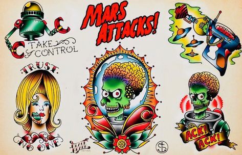 ★ follow us on instagram 📸@thecuriopop,☛ follow the 🔗s & start a conversation! 👊🏽 When Mars Attacks Tattoo, Mars Attacks Tattoo Design, Mars Attacks Drawing, Mars Attacks Tattoo, Mars Attacks Art, Tim Burton Sleeve, Pop Art Tattoo, Mars Attack, Art Tattoo Flash