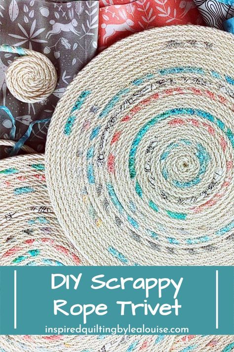 Looking for home décor ideas or handmade gifts? Give this DIY Rope Trivet a try! Sewing a Rope Trivet with Scrap Fabric is fast & easy with this ‘how to’ sewing tutorial. You'll love this scrappy DIY rope trivet with scrap fabric! Do you have some clothesline rope? Clothesline Rope Projects are perfect for making clothesline rope scrap fabric projects like hot mats, trivets, coasters, place mats, bowls and rugs. Rope Rug Diy How To Make, Trivets Diy Fabric, How To Make Rope Trivets, Rope Coasters Diy Tutorials, Rope Trivet Diy, Rope Sewing Projects, Clothesline Rope Crafts, Rope Placemats Diy, Rope Bowls Diy How To Make