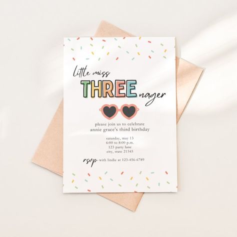 Little Miss Threenager 3rd Birthday Invitation | Zazzle One And Three Year Old Birthday Party, Three Year Old Birthday Party Girl, Three Year Old Birthday Party, Threenager Birthday, Little Miss Threenager, Threenager Party, Three Year Old Birthday, Third Birthday Girl, 3rd Birthday Invitation