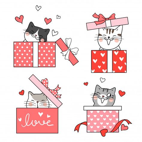 Draw Cat, Valentine Gift Ideas, Valentines Illustration, Gift Drawing, Valentines Day Greetings, Valentine's Day Greeting Cards, Card Drawing, Cat Valentine, Vector Drawing