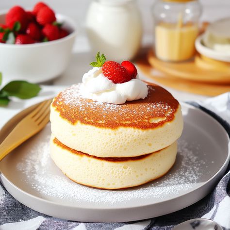 These super fluffy, jiggly, and pillowy-soft Japanese soufflé pancakes are a delightful treat for breakfast, snack, or dessert! They are sure to impress any Japanese Fluffy Pancakes Aesthetic, Japanese Souflee Pancakes Recipe, Japanese Pastry Recipes, Christmas Souffle, Pancake Dessert Ideas, Souffle Aesthetic, Souffle Pancakes Aesthetic, Souflee Pancakes Recipes, Desert Aesthetic Food