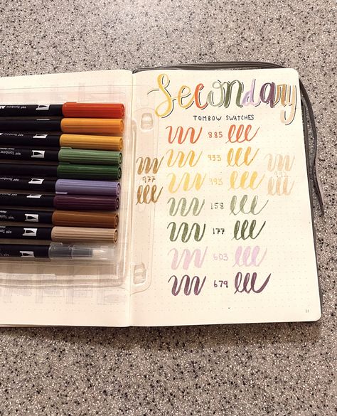 Tombow dual brush pen secondary swatches in bullet journal Tombow Color Combinations, Tombow Brush Pen Aesthetic, Tombow Palette, Pen Swatches, Tombow Dual Brush Pen Color Combinations, How To Use Tombow Dual Brush Pens, Tombow Dual Brush Pen Swatches, Pen Test, Tombow Pens