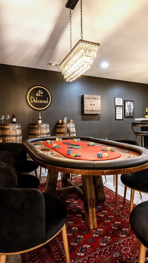 Where Luxury Meets Leisure! Our elegant poker room and basement bar bring a touch of sophistication to your home. It's the perfect blend of excitement and refinement, where unforgettable moments unfold. 🎲 Design @hawkinsandgraydesign Photo @lyndseymariephotography @breannagriswoldsdesigns @klaserandco @christinahalldesigns @hawkinsandgray_organizing #hawkinsandgraydesign #idcoathome #spotlightonmyhome Garage Poker Room, Diy Poker Room Decor, Poker Table Basement, Basement Poker Room Ideas, Basement Poker Room, Poker Room Ideas Interior Design, Western Game Room, Lake House Basement Ideas, Adult Game Room Ideas