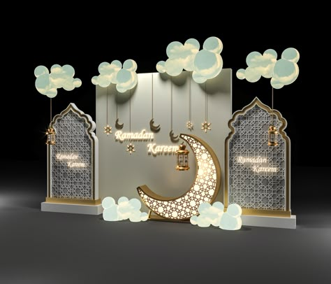 RAMADAN ( lighting clouds ) on Behance Raya Booth Decoration, Ramadan Backdrop Ideas, Ramadhan Decoration Ideas, Deco Raya Aidilfitri Office, Ramadan Decorations Ideas Outdoor, Eid Photobooth, Hari Raya Decoration Ideas Diy, Hari Raya Photobooth, Ramadan Installation