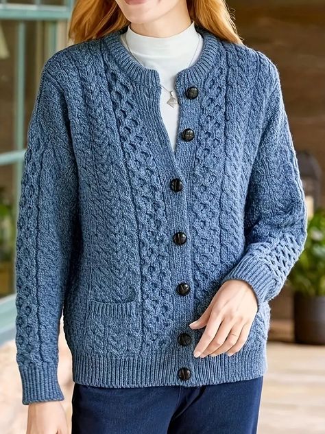 Solid Button Knit Cardigan Casual Crew Neck Long Sleeve - Temu Cable Knit Cardigan Pattern, Irish Women, Knit Cardigan Pattern, Chic Cardigan, Handmade Sweater, Crewneck Style, Knitting Women Cardigan, Long Sleeve Knitted Cardigan, Classic Cardigan