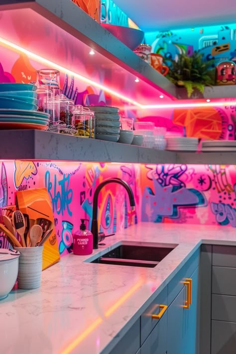 17 Funky Kitchen Ideas You Will Love! - My Decor Inspo Fun Kitchen Accessories, House Inspo Colorful, Funky Cafe Design, Funky House Decor Interior Design, Funky Kitchen Island, Vaporwave Kitchen, Christmas Color Ideas, Funky Kitchen Ideas, Colourful Minimalism