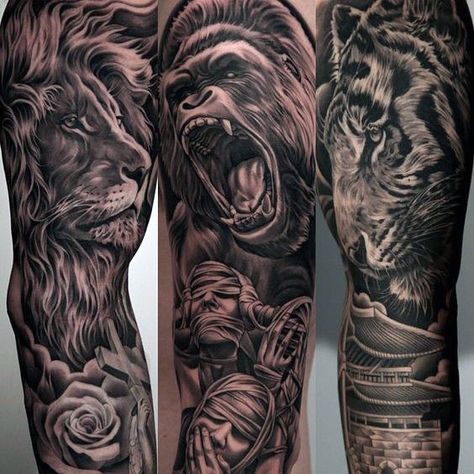 Roaring Gorilla With Calm Lion Guys Amazing Sleeve Tattoo Ideas Lion Sleeve, Animal Sleeve Tattoo, Gorilla Tattoo, Lion Tattoo Sleeves, Mens Lion Tattoo, Tattoos Geometric, Geniale Tattoos, Full Sleeve Tattoos, Sleeves Ideas