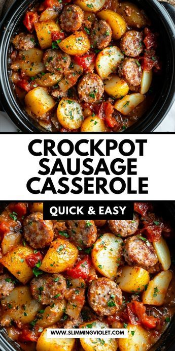 Try a hearty Crockpot Sausage Casserole that’s packed with flavor! Sausage, veggies, and a savory sauce cook together effortlessly for a comforting meal. Ideal for busy nights. Save this pin for an easy and delicious dinner option! One Pot Crockpot Meals Slow Cooker, Slow Cooker Potatoes And Sausage, Beef Sausage Crockpot Recipes, Crock Pot Fall Meals, Dinner Meals With Sausage, Slow Cooked Sausages, Crockpot Meals With Sausage, Sausage Potatoes And Peppers Crockpot, Sausage And Potatoes In Crockpot