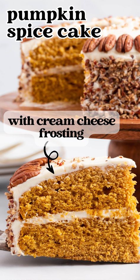 An Amish recipe for layered Pumpkin Spice Cake with cream cheese frosting. This completely from-scratch cake is decorated chopped pecans. Pumpkin Spiced Cakes, Pumpkin Spice Cake With Brown Sugar Cream Cheese Frosting, Pumpkin Spice Cake Cream Cheese Frosting, Pumpkin Pecan Cake Recipes, Pumpkins Spice Cake, Pumpkin Spice Cake With Cream Cheese, Pumpkin Spice Layer Cake, Pumpkin Cake Recipes From Scratch, Pumpkin Cake With Cream Cheese Frosting