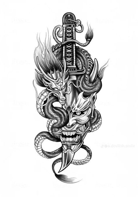 Japanese Mask Tattoo, Calf Tattoo Men, Dragon Tattoo Arm, Oni Mask Tattoo, Unique Half Sleeve Tattoos, Oni Tattoo, Tattoo Japanese Style, Dragon Tattoo Art, Tattoos Infinity