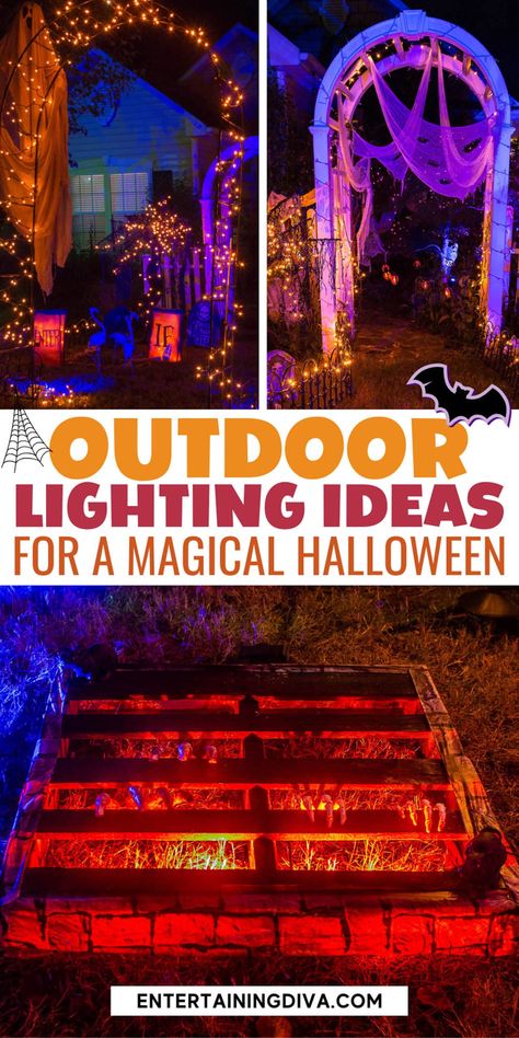 Outdoor Lighting Ideas For A Magical Halloween | Halloween Spooky Outdoor Halloween Decorations, Ideas Halloween Decoration, Front Yard Lighting, Front Yard Halloween, Outdoor Decor Halloween, Halloween Yard Haunt, House Halloween Party, Halloween Decor Indoor, Halloween Decor Outdoor