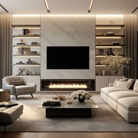 Tv Unit With Fireplace Modern Luxury, Living Room Entertainment Center Ideas Feature Wall, Reception Tv Wall Design, Transitional Tv Wall Design, Living Room With Marble Wall, Tv Wall Unit Modern Fireplace Design, Entertainment Cabinet Ideas, Contemporary Built In Tv Wall Unit, Tv Wall Stone Design