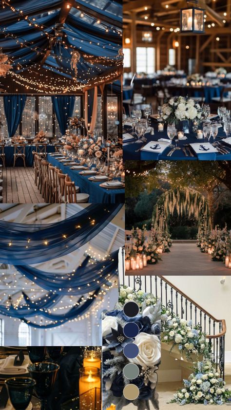 Wedding Ideas Royal Blue And Gold, Autumn Wedding Ideas October Rustic, Navy Blue And Gold Wedding Theme Ideas, Ethereal Celestial Wedding, Navy Blue Gold Wedding Theme, Starry Themed Wedding, Sapphire And Silver Wedding Theme, Velaris Themed Wedding, Midnight Themed Wedding