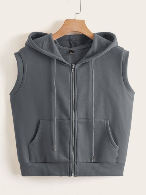 Dark Grey Casual  Sleeveless Polyester Plain Zip Up  Slight Stretch Summer Women Sweatshirts Zipper Hoodie Women, Shirt Outfit Summer, Sleeveless Sweatshirt, Half Jacket, Downtown Outfits, Women Sweatshirts, Sleeveless Hoodie, Sweatshirt Outfit, Stunning Outfits