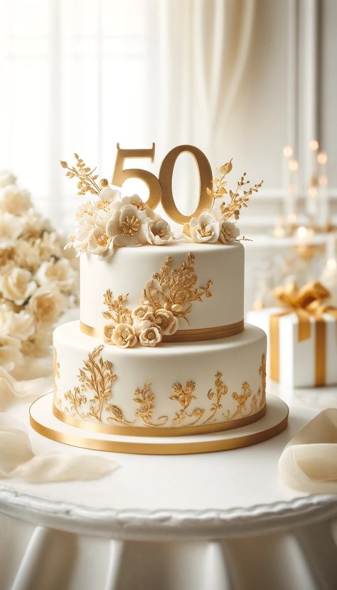 🎂 21 Mind-Blowing Cake Decorating Ideas You Need to Try Right Now! 🍰 Cake Designs Wedding Anniversary, 50th Golden Wedding Anniversary Ideas, 50 Anniversary Cake Ideas, Gold Two Tier Cake, White And Golden Cake, Anniversary Cake 50th, 50th Wedding Anniversary Cakes Gold, 50th Anniversary Cake Ideas, Gold Cake Design Birthday