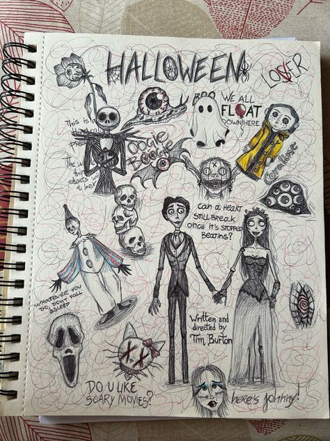 💀 Random Sketch Book Ideas, What To Draw When Your Bored Sketch, Things To Do In A Sketchbook, Sketch Book Opening Page, Sketch Book Halloween, Tim Burton Artist Research Page, Scketch Draws Idea Aesthetic, Halloween Sketchbook Page, Sketch Book Ideas Aesthetic Cartoon Easy