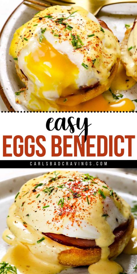 What your Christmas brunch menu ideas need! It's a holiday breakfast recipe with the perfect poached eggs. Complete with a blender hollandaise sauce that's rich and creamy, this Classic Eggs Benedict is the BEST! Eggs Benedict With Hollandaise Sauce, Egg Benedict Sandwich, Eggs With Hollandaise Sauce, Southern Eggs Benedict, Poached Eggs With Hollandaise Sauce, Ina Garten Eggs Benedict, Spicy Eggs Benedict, Puff Pastry Eggs Benedict, Benedict Eggs Recipe Hollandaise Sauce