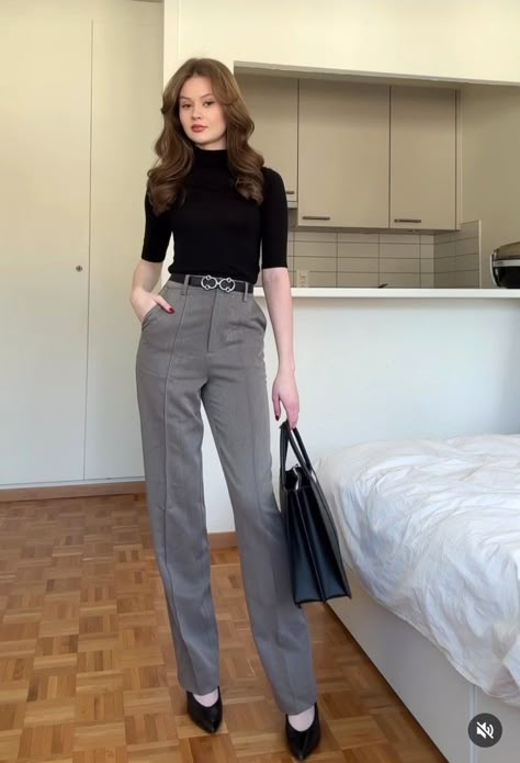 80s Fashion Office Work Outfits, Old Money Slacks Outfit, Grey Pants Business Casual Women, Apricot Shirt Outfit, How To Style Grey Slacks Women, Work Outfits Women Grey Pants, Psychiatrist Outfit Professional Women, Grey Classic Pants Outfit, Grey Business Pants Outfit