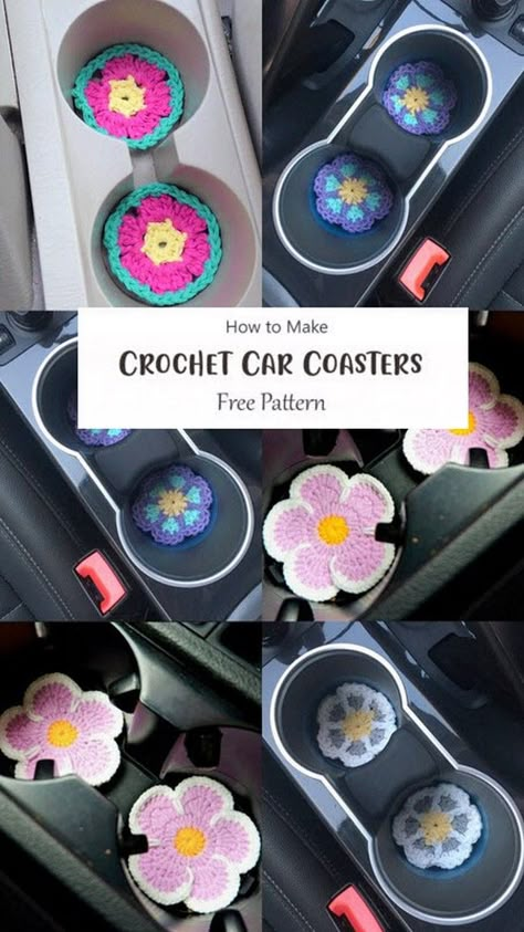 Crochet Cup Coaster For Car, Crochet Car Cup Coaster, Crochet Car Center Console, Crochet Projects Practical, Car Charm Crochet Pattern, Crochet Car Coasters Pattern, Crochet Flower Car Coaster, Car Cupholder Coasters Crochet, Crocheted Car Coasters