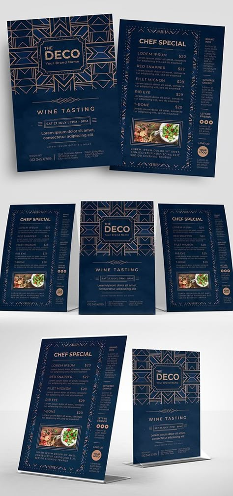 Luxury Food Menu Design, Beverage Menu Design Ideas, Premium Menu Design, Blue Menu Design, Luxury Restaurant Menu Design, Art Deco Menu Design, Hotel Menu Design, Luxury Menu Design, Art Deco Menu