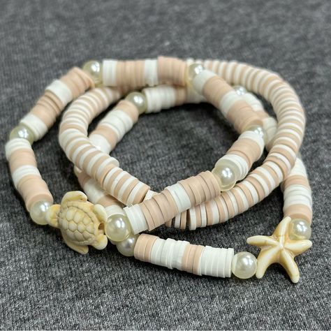 These Bracelets Are Handmade By My Daughter. It Is A Set Of 3 Bracelets. They Are 6.5”. Set Of Bracelets, Sea Shell Clay Bead Bracelet, Clay Bead Bracelet Ideas Pearl, Clay And Glass Bead Bracelet, Friendship Bracelet Clay Beads, Clay Bracelet Ideas Beach, Clay Braclets Idea Summer, Beach Inspired Bracelets, Coastal Bracelet Ideas