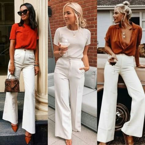 Off White Wide Leg Trousers Outfit, Midsize Flared Jeans Outfit, Cream Trousers Outfit Summer, Cream Coloured Pants Outfit, White Wide Leg Trousers Outfit Classy, Cream Wide Leg Pants Outfits Work, Cream Coloured Jeans Outfit, White Trousers Work Outfit, White Jeans Outfit Midsize