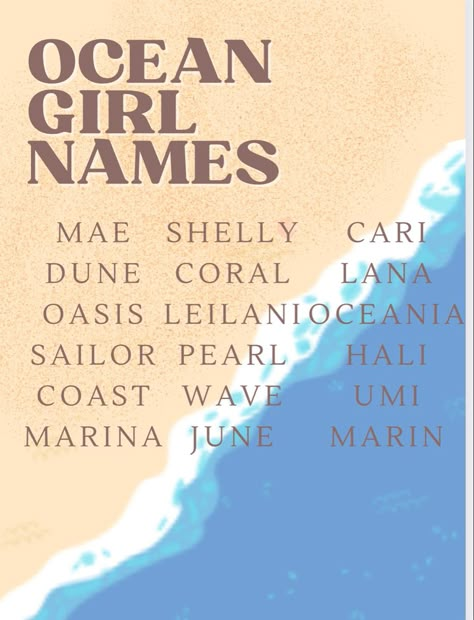 Sea Goddess Names, Names That Mean Sea Or Ocean, Ocean Names Aesthetic, Mermaid Names Girl, Names Meaning Sea Or Ocean, Ocean Last Names, Words That Mean Ocean, Water Names Ideas, Ocean Username Ideas