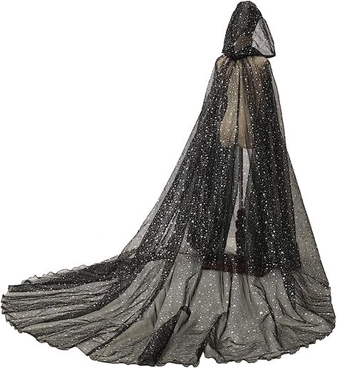 Hooded Cloaks For Women, Tulle Cape Dress, Prom Dress With Hooded Cape, Black Wedding Dress With Cape, Hooded Prom Dress, Wedding Cloak Hooded Capes, Starry Cloak, Elf Cloak, Tulle Cloak