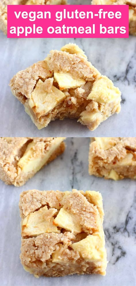 These Vegan Apple Oatmeal Bars are soft and chewy, lightly spiced and packed with chunks of sweet, juicy apples! They're quick and easy to make, require just a few simple ingredients, and the recipe is easily customisable. They're also gluten-free, dairy-free, egg-free and refined sugar free, and can also be made completely sugar free and oil-free. They're great for dessert, a snack or breakfast, and also perfect for meal prep and packed lunches. Easy Vegan And Gluten Free Desserts, Vegan Apple Oatmeal Bake, Gluten Free Oil Free Vegan Recipes, Soy Free Dessert Recipes, Vegan Gluten Free Apple Desserts, Gluten Free Dairy Free Sugar Free Snacks, Vegan Apple Recipes Easy, Vegan Oil Free Dessert, Vegan Desserts No Sugar