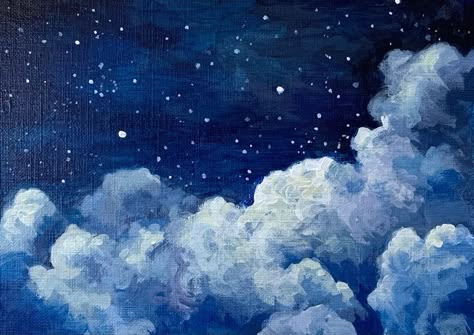 Blue Art Aesthetic Painting, Night Clouds Painting, Dark Sky Painting, Sky Drawings, Night Sky Drawing, Dark Blue Art, Painted Clouds, فنسنت فان جوخ, Watercolor Night Sky