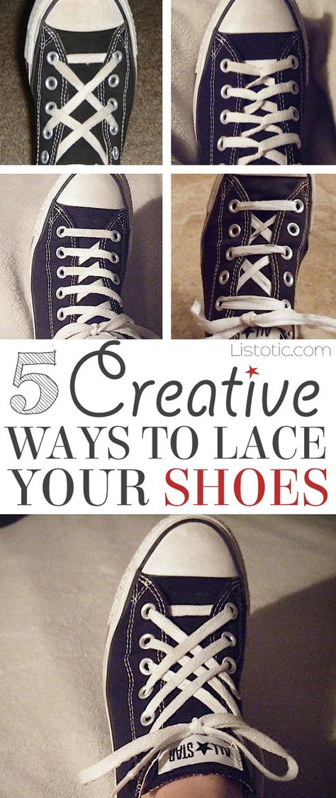 5 Fun and creative ways to tie your shoes! How to tie your shoelaces cool with these easy lacing techniques... Perfect for Converse or any sneakers. Listotic.com Ways To Tie Your Shoes, Lace Your Shoes, Converse Haute, Lacing Techniques, Tie Your Shoes, How To Lace Converse, Ways To Lace Shoes, Creative Shoes, Green Converse