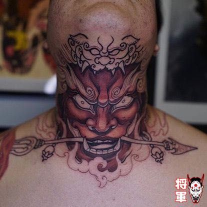 The oni are Japanese demons, they terrify humans with their sharp teeth and horns. They are known to be both intimidating and dangerous. This is a very popular design for Japanese tattoos:japanese_goblin:  #oni #demon #tattoo #hannya #irezumi Oni Demon Tattoo, Japanese Neck Tattoo, Throat Tattoo Ideas, Trending Tattoo Designs, Japanese Demons, Throat Tattoos, Mascara Oni, Neck Tattoo Ideas, Crane Tattoo