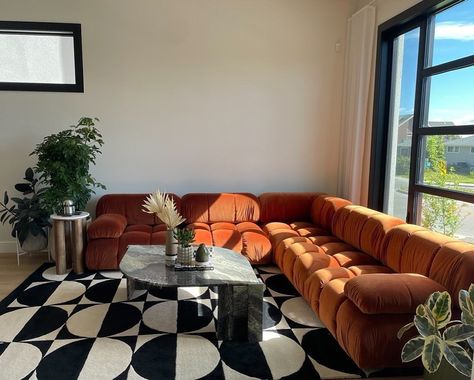 Great photo from a customer that just set up their Bellivano2 sofa in Burnt orange premium velvet. Orange Contemporary Living Room, Burnt Orange Sofa Decor, Rust Sectional Living Room, Dark Orange Couch, Orange Velvet Sofa Living Room, Burnt Orange Sofa Living Room Ideas, Orange Leather Couch Living Room, Orange Couch Living Room Decor, Burnt Orange Couch Living Room Ideas