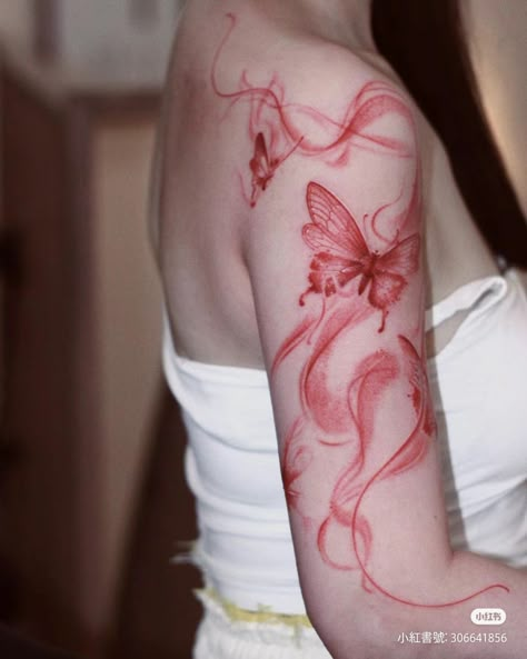 Tgcf Tattoo Ideas, Unquie Tattoo Ideas, 369 Tattoo, Ethereal Tattoo Ideas, Arm Butterfly Tattoo, Butterfly Arm Tattoo, Tato Minimal, Inspiration Tattoos, Red Ink Tattoos