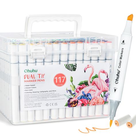 PRICES MAY VARY. NON-TOXIC & ODORLESS WATER BASED INK: Ohuhu adult coloring markers feature a non-toxic, acid-free and odorless water-based ink, ensuring a safe and enjoyable painting experience. This paint is also easier to wash and clean compared to alcohol-based alternatives, making it easy to clean! Brush & Chisel Tips: Elevate Ohuhu your creativity with adult coloring bookmarks! Each marker features split ends: a soft brush tip (1-2mm) for shading and detailed work such as arches, waves and calligraphy, and a chisel tip (6.5mm) ideal for covering larger areas quickly. Perfect for coloring, journaling, drawing, calligraphy and note-taking. 116 Vibrant Colors + 1 Clear Mixer: Unleash your artistic potential with 116 vibrant colors and a colorless blender, great for creating anime-inspir Brush Tip Markers, Journaling Drawing, Drawing Calligraphy, Ohuhu Markers, Coloring Bookmarks, Art Markers, Sketching Drawing, Coloring Markers, Markers Set