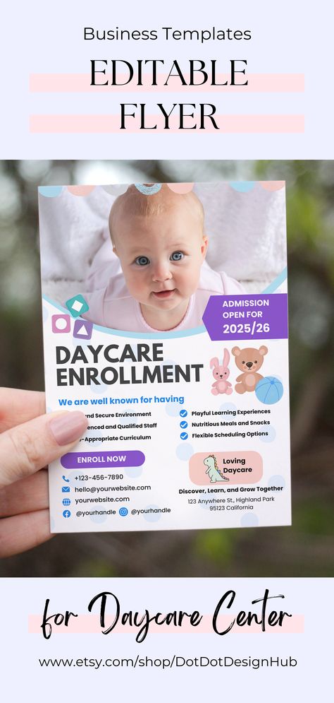 This Editable Flyer for Preschool Daycare Enrollment template is perfect for you to promote your daycare, childcare and nursery services. It is easy to edit with Canva. This flyer or brochure is ideal for daycare center, childcare center, kindergarten, preschool childcare center, babysitting and nursery to promote your preschool's early education programs. This modern and attractive editable flyer / brochure /leaflet is designed with real text that can be used as an inspiration to write yours. Childcare Advertising Ideas, Preschool Brochure, Advertising Flyers, Education Tips, Daycare Center, Childcare Center, Day Care, Child Care, Early Education