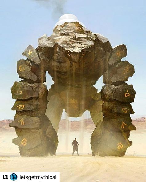 #Repost @letsgetmythical ・・・ Huge rock golem in the desert. I think this great beast was just erected from the earth by the little man standing in front, and the sand falling off the golem. Wish I knew what those symbols meant on the arms  Full credit for this piece goes to leopardsnow of DeviantArt Giant Monsters, 다크 판타지, Monster Concept Art, Fantasy Monster, Creature Concept Art, Fantasy Concept Art, Arte Fantasy, 판타지 아트, Creature Concept