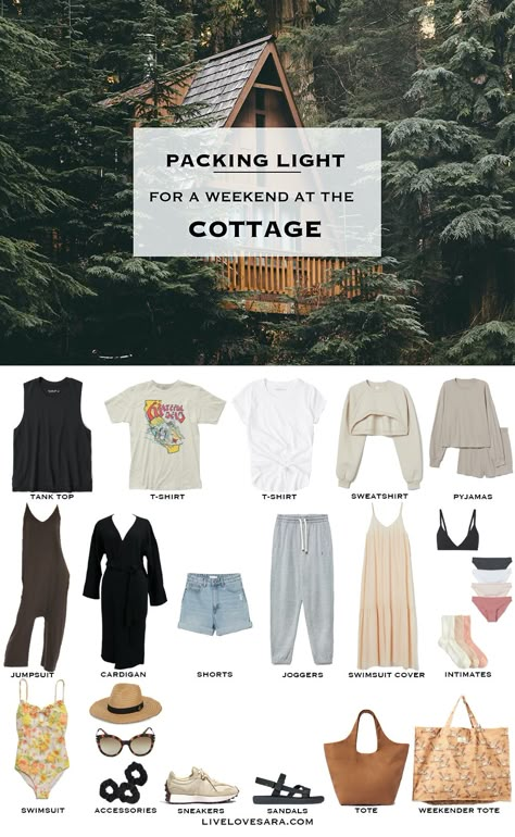 Camping Holiday Outfits, Spring Cottage Outfits, Summer Weekend Capsule Wardrobe, Cottage Trip Outfits, Camping Weekend Packing List, Festival Capsule Wardrobe, Camping Capsule Wardrobe Summer, Spring Weekend Packing List, Cottage Weekend Packing List