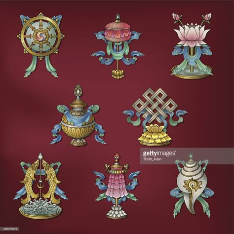 Vector Art : Eight Auspicious Signs / Ashtamangala – (Buddhist Symbols) Aum Art, Butterfly Symbol, Tibetan Thanka, Tibetan Symbols, Feng Shui Symbols, Blue Buddha, Tibet Art, Buddhism Symbols, Buddhist Symbols