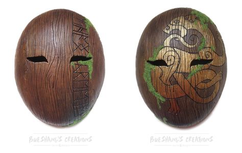 Celtic and Runic Wood Masks by Bueshang Viking Mask, Wooden Masks, Warrior Mask, Bear Mask, Arte Ninja, Wooden Mask, Wood Mask, Mask Drawing, Cool Masks