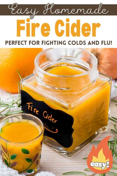 Discover the benefits of this authentic Appalachian fire cider recipe made with apple cider vinegar, honey, and a spice blend that fights inflammation and sickness. This DIY recipe is a fast and tasty immune system tonic with a shelf life perfect for year-round use. Whether you need a cold remedy, a marinade, or a salad dressing, this vinegar-based health shot does it all. Easy to make, kid-approved, and so good for gut health! Fire Apple Cider Vinegar, Fire Drink For Colds, What Is Fire Cider, Natural Drinks For Colds, Herbal Remedies For Chest Congestion, Apple Cider Vinegar Drink With Tumeric, Fire Drink Recipes, Orange Cold Remedy, Acv Cold Remedy