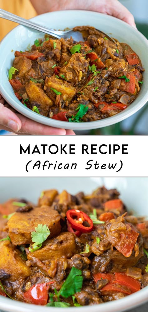 Matoke is a Ugandan stew made with Matoke (green bananas), vegetables, protein, and a spice mix. Our recipe for this typical African stew includes beans for plant-based protein and plantain instead of Matoke, as they are widely available. T #africanfood #africa #stew #veganstew #greenbanana #matoke Plantain Recipes African, West African Vegan Recipes, Plant Based African Recipes, African Food Recipes Ghana, African Recipes Vegetarian, African Plantain Recipes, Vegan West African Food, Healthy African Recipes, African Vegetable Recipes