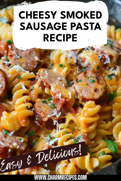 Savor the tangy delight of Cheesy Smoked Sausage Pasta, a satisfying and creamy dish perfect for weeknight dinners. This delicious recipe brings together smoked sausage and abundant cheese, resulting in a filling meal that’s both quick and easy to prepare. Ideal for busy cooks, this pasta dish can be served in under 30 minutes, making it a go-to choice for weekday family meals. Enjoy the cozy, comforting flavors as you whip up this ultimate comfort food with just a handful of simple ingredients. Quick Smoked Sausage Recipes, Smoked Sausage And Macaroni And Cheese, One Pan Cheesy Sausage Pasta, Crockpot Cajun Sausage Pasta, Smoked Sausage And Mushroom Recipes, Pre Cooked Sausage Recipes, Sausage Dinner Ideas Easy, Dinner Ideas Using Smoked Sausage, Recipes That Use Smoked Sausage