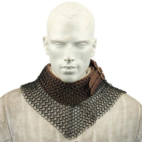 The traditional use of a chain maille bishop's mantle is as armor that protects the neck, shoulders, and upper chest from blades. Maille will protect against an edge of a weapon, however padding should be worn underneath for additional protection. #blackenedchainmailbishopsmantlecollararmor Spartan Battle, Chainmail Patterns, Chainmail Armor, Medieval Accessories, Chain Maille, Medieval Clothing, Neck Chain, Chain Mail, Brass Buckle